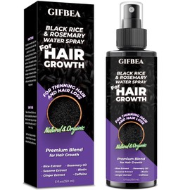 GIFBEA Organic Black Rice Water Hair Growth Serum Spray, 5 Fl Oz, Rosemary Scent, For All Hair Types, With Biotin, Castor Oil, Caffeine, Hair Loss Treatment