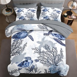 WeCozy 5 Pcs Twin Size Comforter Set with Pillowcase & Sham, Ocean Sea Coral Bedding for Kids and Adults, Blue Animal Turtle Bed in a Bag with Flat Fitted Sheet