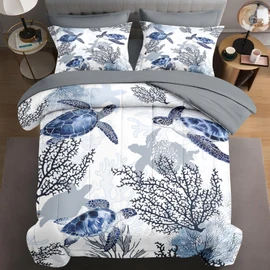 WeCozy 5 Pcs Twin Size Comforter Set with Pillowcase & Sham, Ocean Sea Coral Bedding for Kids and Adults, Blue Animal Turtle Bed in a Bag with Flat Fitted Sheet