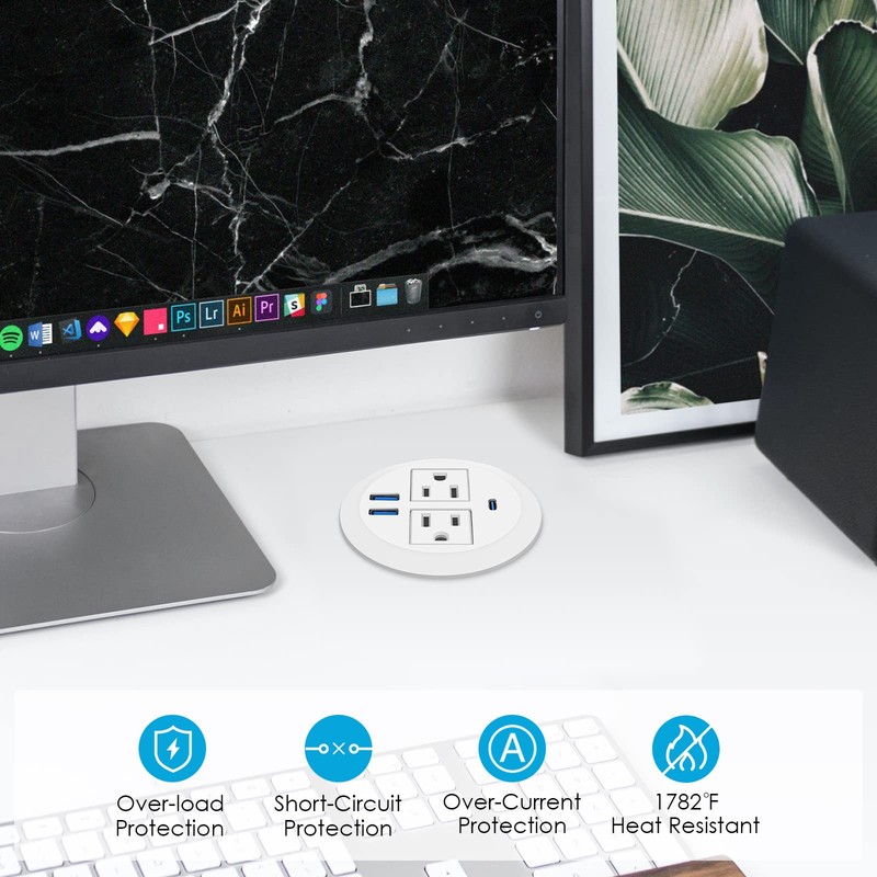 Jgstkcity 2-in-1 Desktop Power Grommet with USB-C Output, 125V, 12A,