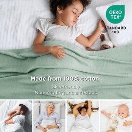 Bedsure 100% Cotton Large Throw Blanket for Couch 50x70 inches - Breathable and Lightweight, Soft Cozy Herringbone Woven Blanket for Summer Spring, Sage Green