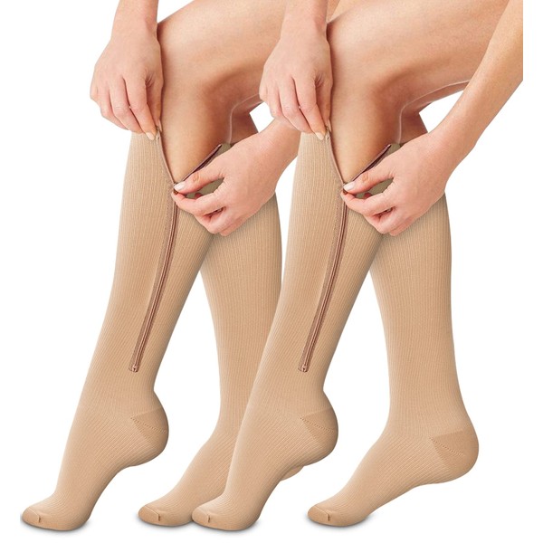 Calcetines de compresión con cremallera, 2 pares de calcetines de compresión de 15 a 20 mmHg con puntera abierta para mujeres y hombres