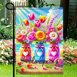 BlissYard Welcome Spring Summer Garden Flag 12 x 18 Inch Double Sided Flower Small Decorative Garden Flag Floral Mason Jar Beach Coastal Yard Lawn Outside Decor Outdoor Home Decoration