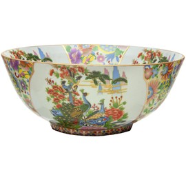 Red Lantern 14" Porcelain Bowl, Satsuma Birds & Flowers