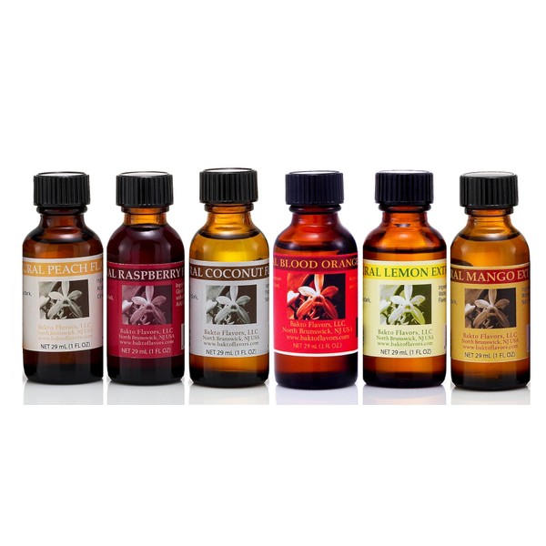 Bakto Flavors Natural Collection, Fruit - VERSION 4 - 6 (1 OZ) Bottles - Mango, Raspberry, Blood Orange, Peach, Coconut, Lemon