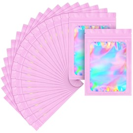 ZRLEI 100 Pack Mylar Bags Holographic Smell Proof Packaging Bag for Small Bussiness resealable Zipper sealable Pouch Bags Sample, Jewelry, Lipgloss, Food,soap,Electronic Supplies（5×7 inch,Pink）