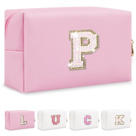 Bolsa de maquillaje con letra inicial personalizada, bolsa de cosméticos con purpurina preppy, Rosa/Blanco-Letra, P