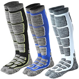 Dress Cici Ski Socks for Winter for Cold Feet, Thick Cushioned Knee High Cold Weather Socks To Keep Feet Warm (3 Pack: White+Black+Blue), Asia Size L