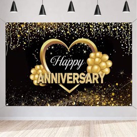 Happy Anniversary Decoration Anniversary Party Banner Happy Anniversary Fabric Sign Poster Wedding Anniversary Party Background Black Gold Anniversary Poster 5ft