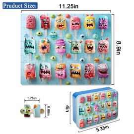 LELEMON Popsicle Monsters Puzzles for Kids Ages 4-8,100 Pieces Funny Colorful Monsters Ice Cream Jigsaw Puzzles in a Metal Box,Cute Monster Popsicles Learning Educational Toys for Boys Girls