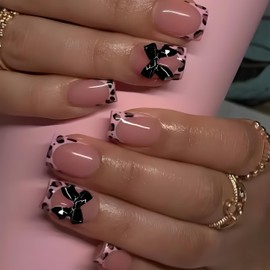 24Pcs Press on Nails Short Square Leopard French Fake Nails with 3D Black Bow Design Full Cover Glue on Nails Cute Acrylic Nails Artificial Nails Glossy False Nails Press ons Stick on Nails for Women