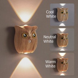 GDQ Wireless Motion Sensor Night Light, Cute Owl Wood Grain LED Lamp