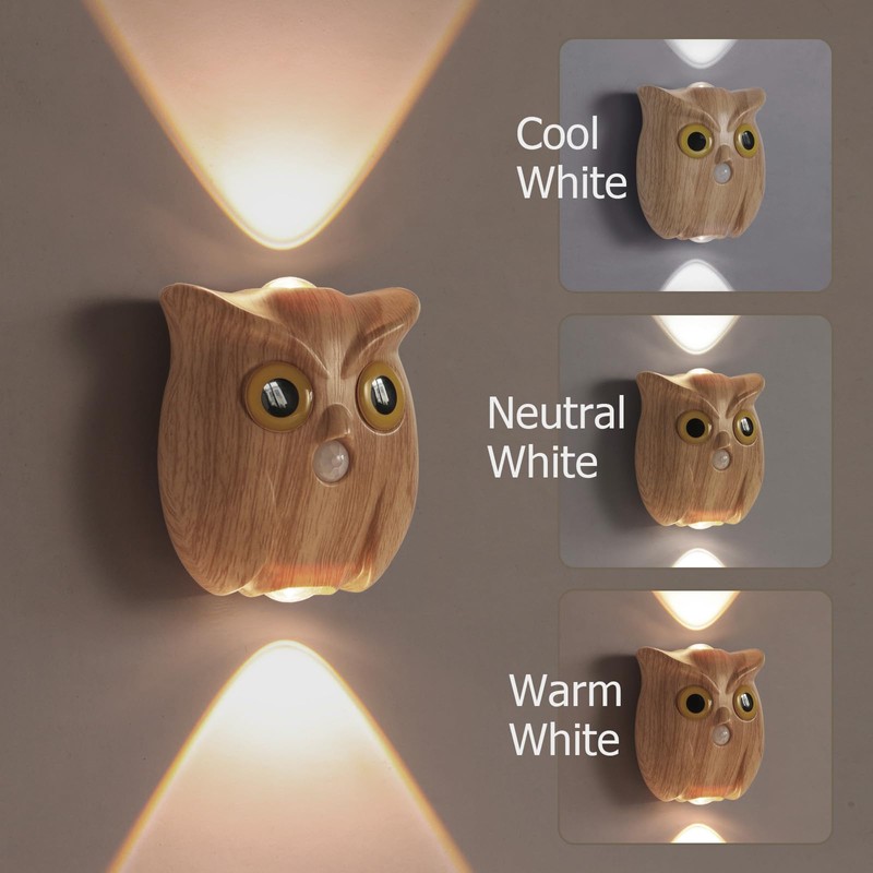 GDQ Wireless Motion Sensor Night Light, Cute Owl Wood Grain