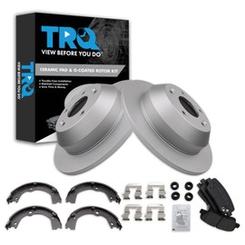 TRQ Rear Brake Pad and Rotor Set Ceramic G Coated Rotors Parking Brake Shoe Compatible with 2010-2012 Hyundai Santa Fe 2011-2013 Kia Sorento