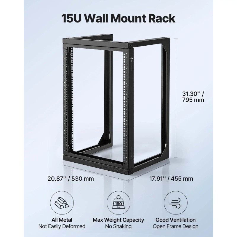 15U Wall Mount Network Cabinet 19-Inch Carbon Steel Open Frame