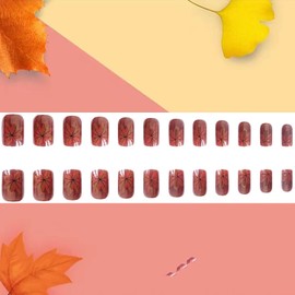 Fall Thanksgiving Press on Nails Short Length Square Maple Leaves False Nails Autumn Charm Stick on Nails Brown Glossy Full Cover Reusable Acrylic Nails Fall Glue on Nails for Women Festival Nails