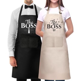Couple Aprons for Cooking, The Boss The Real Boss Apron Set, 2Pack Funny Adjustable Baking Aprons Funny Couple Aprons Kitchen Cooking Apron for Engagement Anniversary Wedding Gift