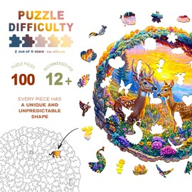 Wooden Puzzles for Adults - Deer Among Flowers Wooden Jigsaw Puzzle - Unique Animal Shaped Wood Puzzles Adult - Christmas Birthday Gifts for Adults/Friends/Family - 100pcs 8.5 * 8.4in