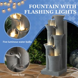 Dephet 5-Tiers Outdoor Garden Water Fountain with Cascading Rock, Fountains and Waterfalls w/LED,Indoor/Outdoor Floor Standing Water Feature w/Bamboo Joint Decor for Patio, Backyard (Light Grey)