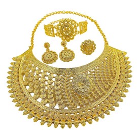 LifflyLadys Big Chunky Gold Jewelry Set for Women Trendy Gold Plated Necklace Drop Earrings Bracelet Ring African Queen Nigerica Dubai Gold Collar Choker Jewlery Set for Wedding