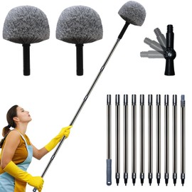 20+ft Reach High Reach Cobweb Duster with 3-12ft Detachable Pole - Lightweight, Soft and Elastic Bristles for Cleaning - Indoor & Outdoor Spider Web Cleaner with Universal Joint - Grey (12ft)
