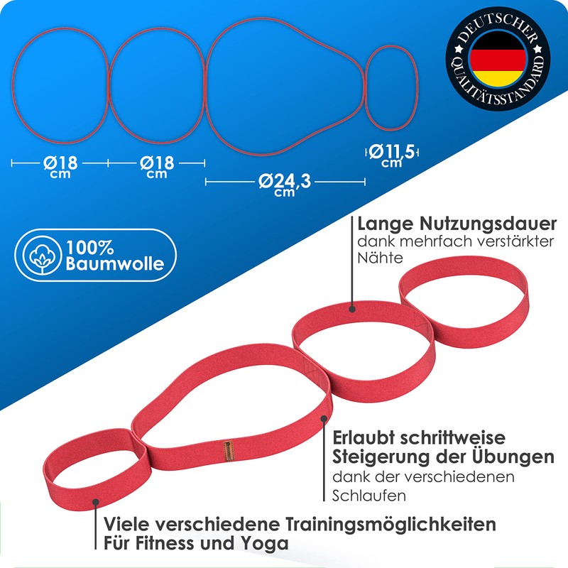 WEIDEBACH® Adjustable yoga strap with 4 loops facilitates stretching exercises,