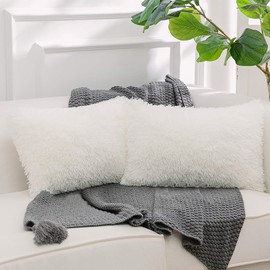 NordECO HOME Luxury Soft Faux Fur Fleece Cushion Cover Pillowcase Decorative Throw Pillows Covers No Pillow Insert 12" x 20" Inch White 2 Pack