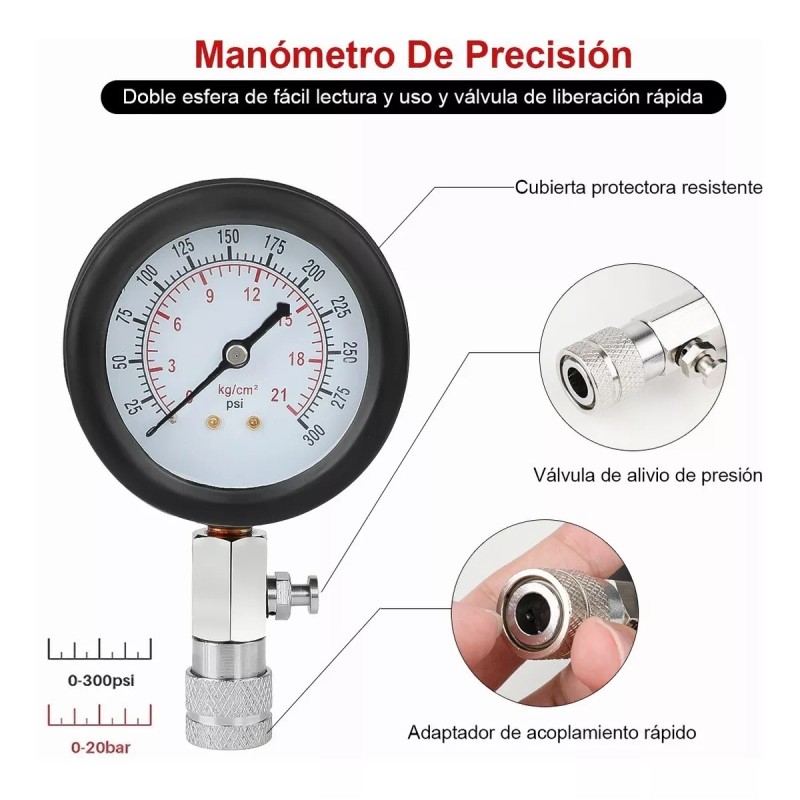 BSOON Medidor Compresión Cilindro Motor Gasolina Manómetro Presión