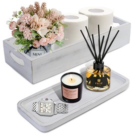 Toilet Tank Tray for Modern White Bathroom Decor Set of 2 Acacia Toilet Tank Topper Paper Storage Decorative Organizer Box Wood Vanity Tray for Counter Decor Dresser Tops (White)