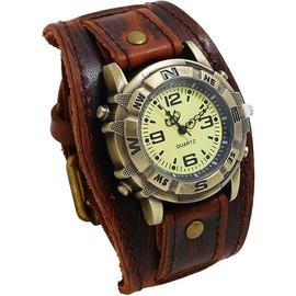 Vintage Leather Watches, Retro Punk Cuff Watch, Wide Band Quartz Watches for Men and Women - Color: Dark Brown