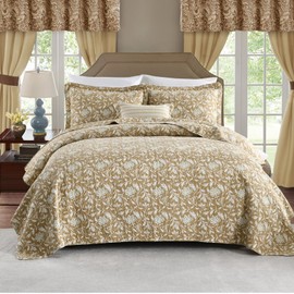 PERHOM Quilt Queen Size - 100% Cotton Khaki Quilt White Green Floral Lightweight Soft Queen Quilt Vintage Botanical Quilted Bedspread Reversible Quilt Bedding Set 3 Pieces