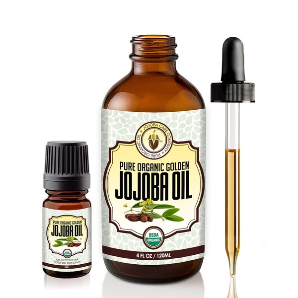 BodyJ4You Jojoba Oil - Organic USDA 100% Pure Natural - Moisturizing Oil Face, Hair, Skin Nails - Cold Pressed, Unrefined, Anti-Aging - Men Women All Skin Types - 4.22 Fl Oz