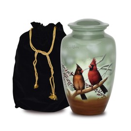 Forever URNS Adult Cremation Funeral Urn with Cardinal Birds Theme for Human Ashes of Female & Male | 200 cu in | Large | Multicolor | Completely Handcrafted with Velvet Protection Bag
