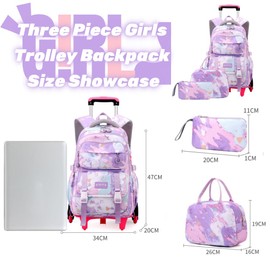 EKUIZAI Girls Trolley Backpack Set Cute Colorful Girls Rolling Backpack Middle School Trolley Schoolbag with Wheels