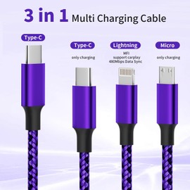 USB C Multi Charging Cable, (2 Pack 4FT), 3 in 1 Charging Cable Nylon Braided Universal Charger Cable with Type-C, Micro USB,IP Port for iPhone16/15 Series/Cell Phones & Pads and Other Devices-Purple