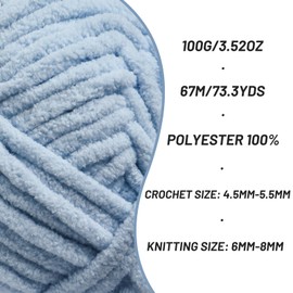 Chunky Chenille Yarn for Crocheting，Baby Yarn for Crocheting Soft Blankets，Bulky Yarns for Crochet Amigurumi，3×100g (3×74.3yds) Fluffy Velvet Yarns for Hand Knitting (3 Sky Blue)