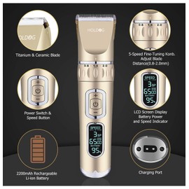 Dog Clippers 3-Speed Low Noise Cordless Pet Grooming Tools for Small & Large Pets with Thick & Heavy Coats (Golden)