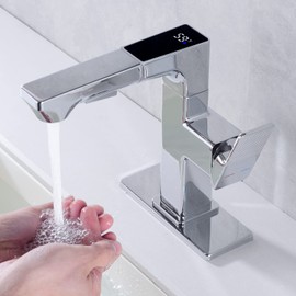 Mekoly LED Bathroom Sink Faucet,Chrome Bathroom Faucet with Pull Out Sprayer,Temperature Digital Display Single Handle RV Bath Vanity Faucets for 1 or 3 Hole