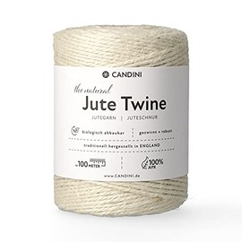 Candini Jute Yarn - Almond, 100 m Craft Cord - Diameter 2-3 mm Pure Jute - Cord Cord | Premium Quality - Made in England - Parcel Cord, Decoration, Garden, Packaging