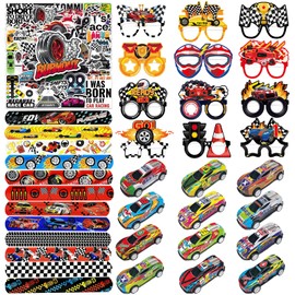 Race Car Party Favors Race Car Birthday Party Decorations,12 Pull Back Car Toys,12 Slap Bracelets,12Glasses,50 Stickers Classroom Rewards Prizes,Goody Bag Treat Bag Stuff for Race Car Party Supplies