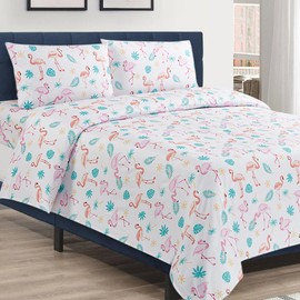 Bloom Studio King Size Sheets 4 Piece Tropical Plant Flamingos Sheets 15”Deep Pocket Soft 100% Microfiber Bedsheet Flowers on Beige Background Pattern Luxury Bedding Sheet Set,Easy Care, Wrinkle Free