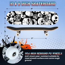 ANYFUN Pro Complete Skateboards for Beginners Girls Boys Kids Youths Teens Adults 31"x8" Skate Boards 7 Layers Canadian Maple Double Kick Deck Concave Longboard (Skull)