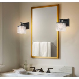 XiNBEi Lighting Crystal Wall Sconce, Modern Bathroom Sconce Light with K9 Clear Crystal Strands Shade Single Black Sconces Wall Lighting for Bath Bedroom Living Room XB-W327-1-MB