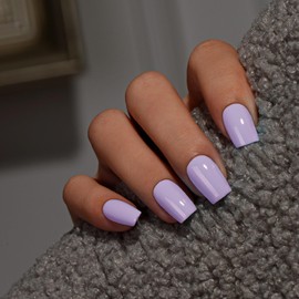 KQueenest Light Purple Press On Nails Medium Square - Summer Press On Nails Short Coffin, Sheer Pastel Lavender Fake Nails with Glue, Glossy Opaque, Reusable Soft Gel Glue on Nails for Women, 28 Pcs