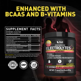 Zeal Electrolyte Powder - 90 Servings | Keto Electrolytes Powder | Zero Sugar, BCAAs, B-Vitamins | Potassium, Zinc, Magnesium | Hydration Powder Recovery Drink | Pink Lemonade