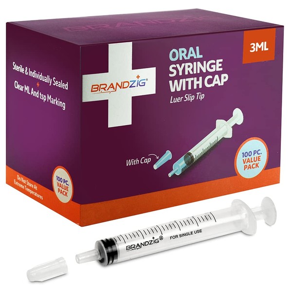 3ml Syringe With Cap (100 Pack) | Oral Dispenser Without Needle, Luer Slip Tip | Individually Wrapped Medicine Dropper For Infants & Pets