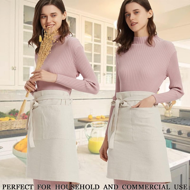 Cityelf Cotton Linen Bistro Half Apron with 2 Large Pockets