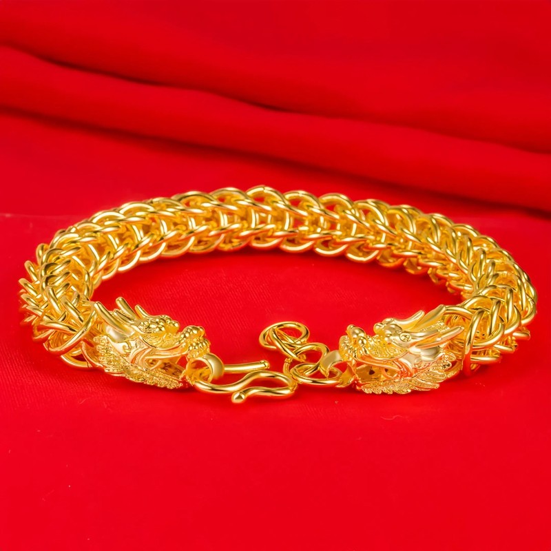 HannaFires ダブルヘッド金龍ブレスレット – 24Kゴールドメッキ チェーン 成功・富・健康・守護の開運アクセサリー ビジネスマン・ビジネスウーマンへの高級ギフト