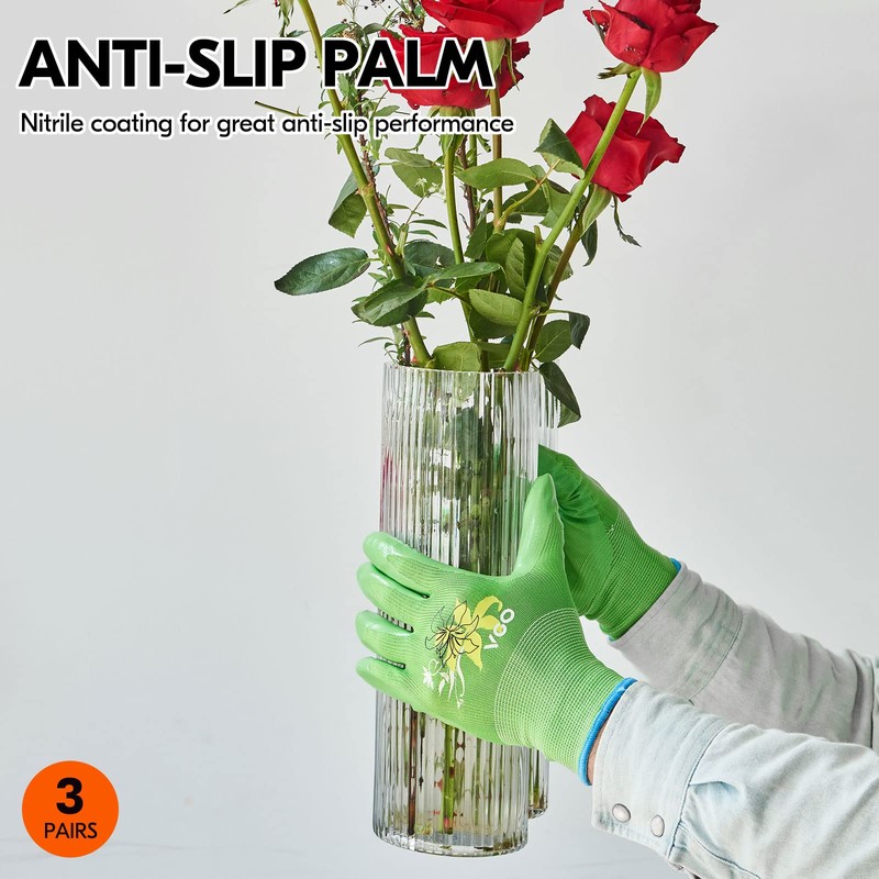 Vgo... 3Pairs Gardening Gloves Ladies,Safety Working Gloves,Non-Slip Nitrile coating,Dipping Gloves(NT2110)