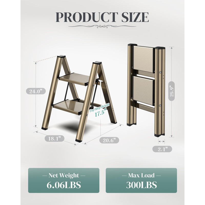 GameGem 2 Step Ladder, Folding Step Stool with Wider Pedal,